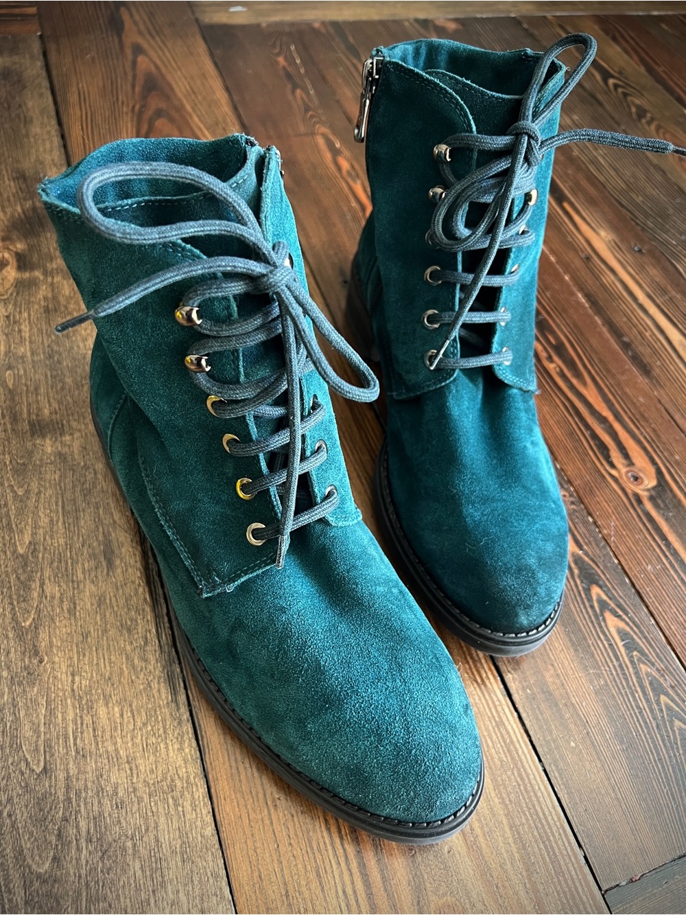 PAULA URBAN • Teal Lace-Up Ankle Boots Low Heel Suede-look size 39 Made in Spain
